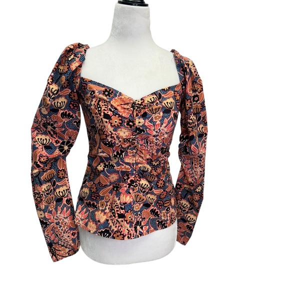 A.L.C. Chandler Floral Cotton Sweethear Top Dark Navy/Chestnut Size 4 - Picture 5 of 11